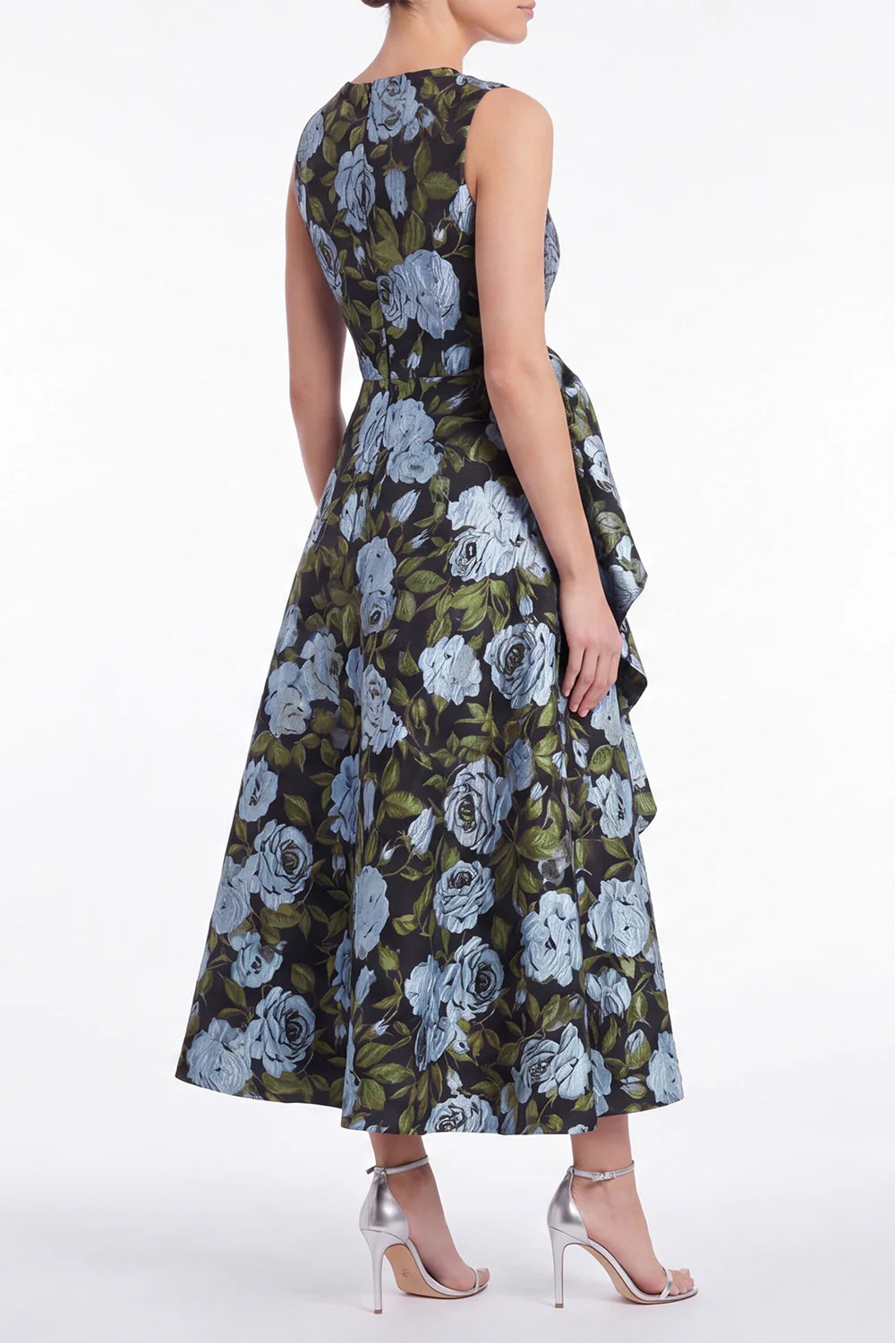Floral A Line Blue Jacquard Round Neck Midi Mother of the Bride Dress