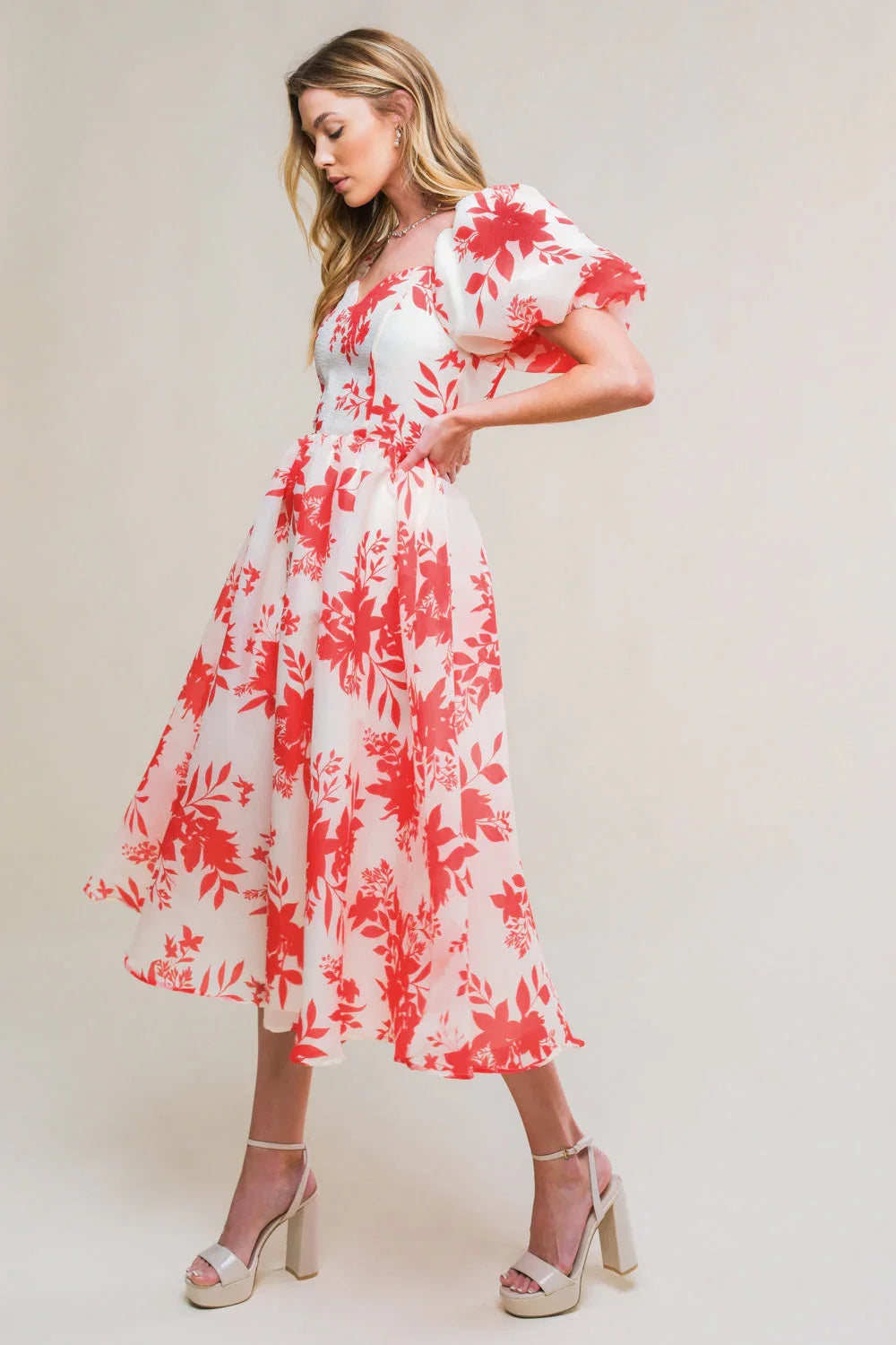 COTTAGE GARDEN PUFF SLEEVE MIDI DRESS RED