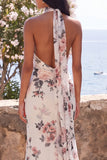 Ivory Floral Halter Maxi Wedding Guest Dress with Twist Front