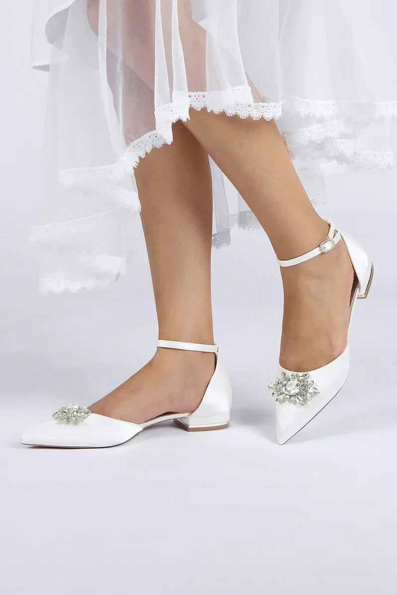 Pointed Toe Rhinestone Ankle Strap Kitten Heels