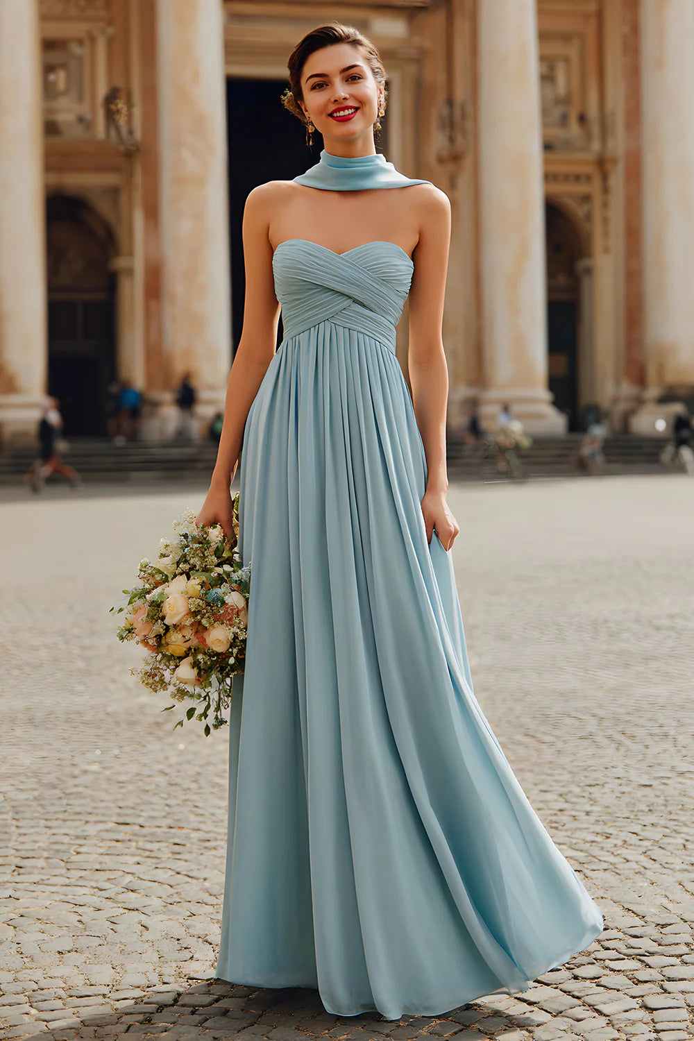 Sweetheart A Line Dusty Blue Pleated Long Bridesmaid Dress