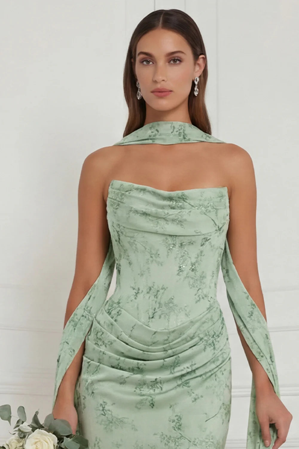 Strapless Floral Dusty Sage Bridesmaid Dress with Scarf