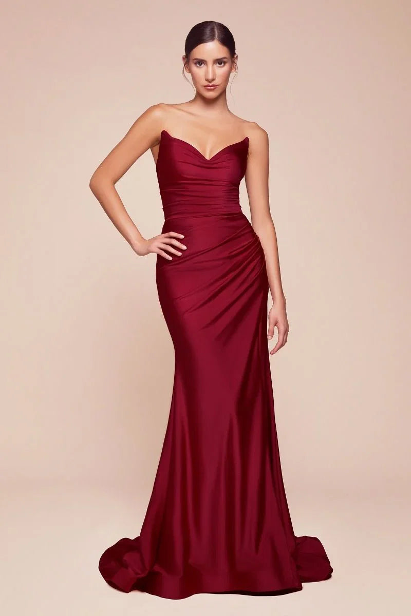 AVA POINTED V NECKLINE GOWN STRAPLESS STRETCH SPANDEX SATIN FITTED DRESS