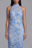Halter Blue Appliqued Sheath Midi Wedding Guest Dress