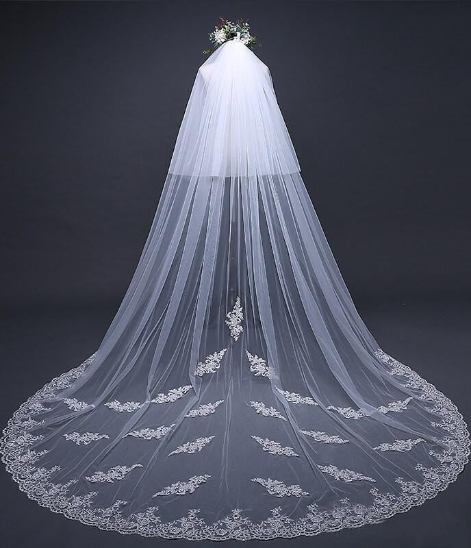 Ivory Tulle Lace Cathedral Veil Blusher Veil