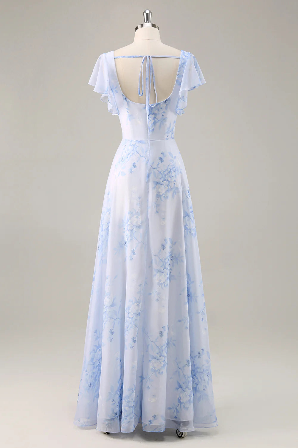 Blue Flower A Line Square Neck Chiffon Flutter Sleeves Long Bridesmaid Dress with Slit