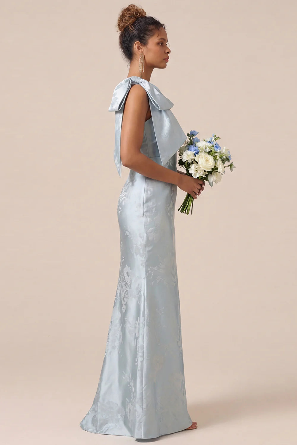 Blush Pink Mermaid One Shoulder Floral Long Bridesmaid Dress with Bow