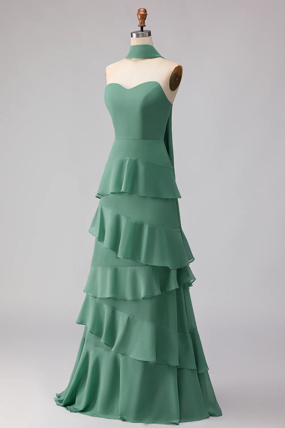 Eucalyptus Sweetheart A Line Tiered Ruffled Long Bridesmaid Dress with Streamer