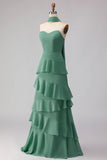 Eucalyptus Sweetheart A Line Tiered Ruffled Long Bridesmaid Dress with Streamer