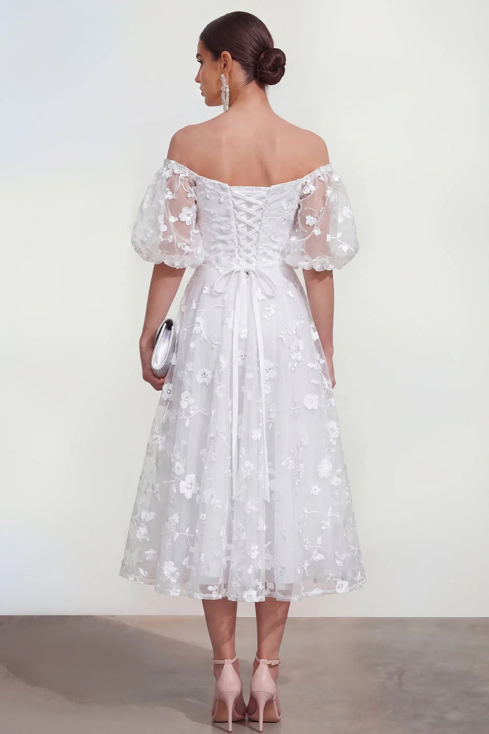 Off the Shoulder Floral Lilac Ruched A Line Wedding Guest Dress