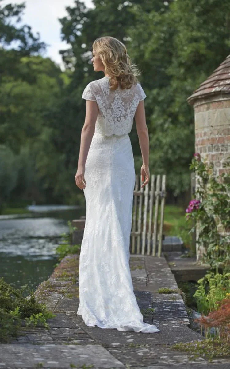 Floor Length Square Cap Sleeve Appliqued Lace Wedding Dress