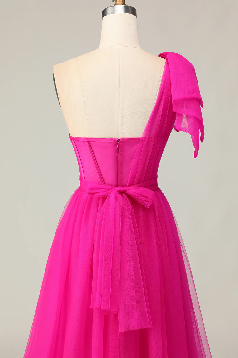 Fuchsia A Line One Shoulder Sheer Corset Tulle Long Prom Dress with Slit