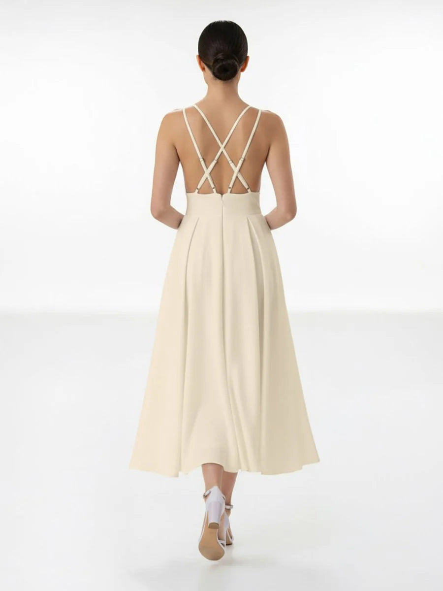 A Line V Neck Sleeveless Satin Knee Length Wedding Dress