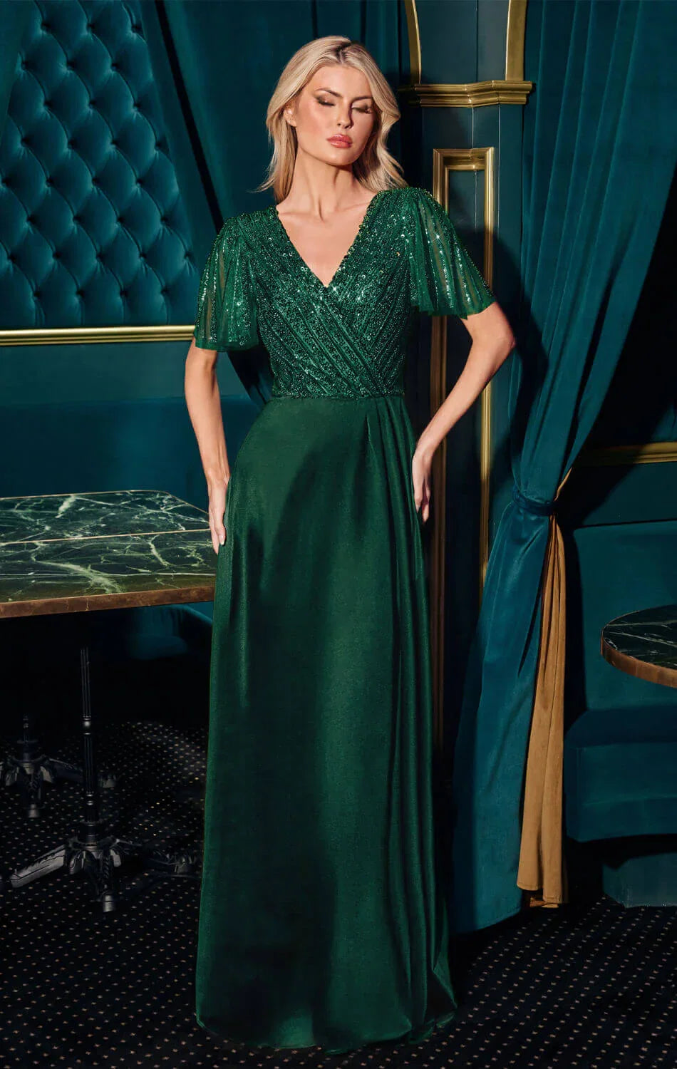 CARMINE GOWN BEADED A LINE DRESS WITH FLUTTER SLEEVES