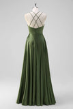 Olive A Line Spaghetti Straps Ruched Satin Long Bridesmaid Dress