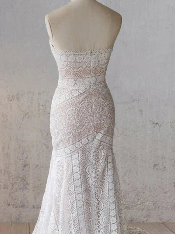 Vintage White Mermaid Lace Wedding Dress with Tassel