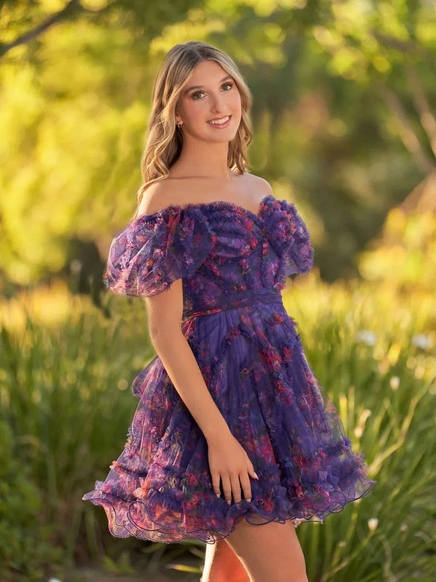 Ivana A Line Off the Shoulder Printed Tulle Short Homecoming Dress