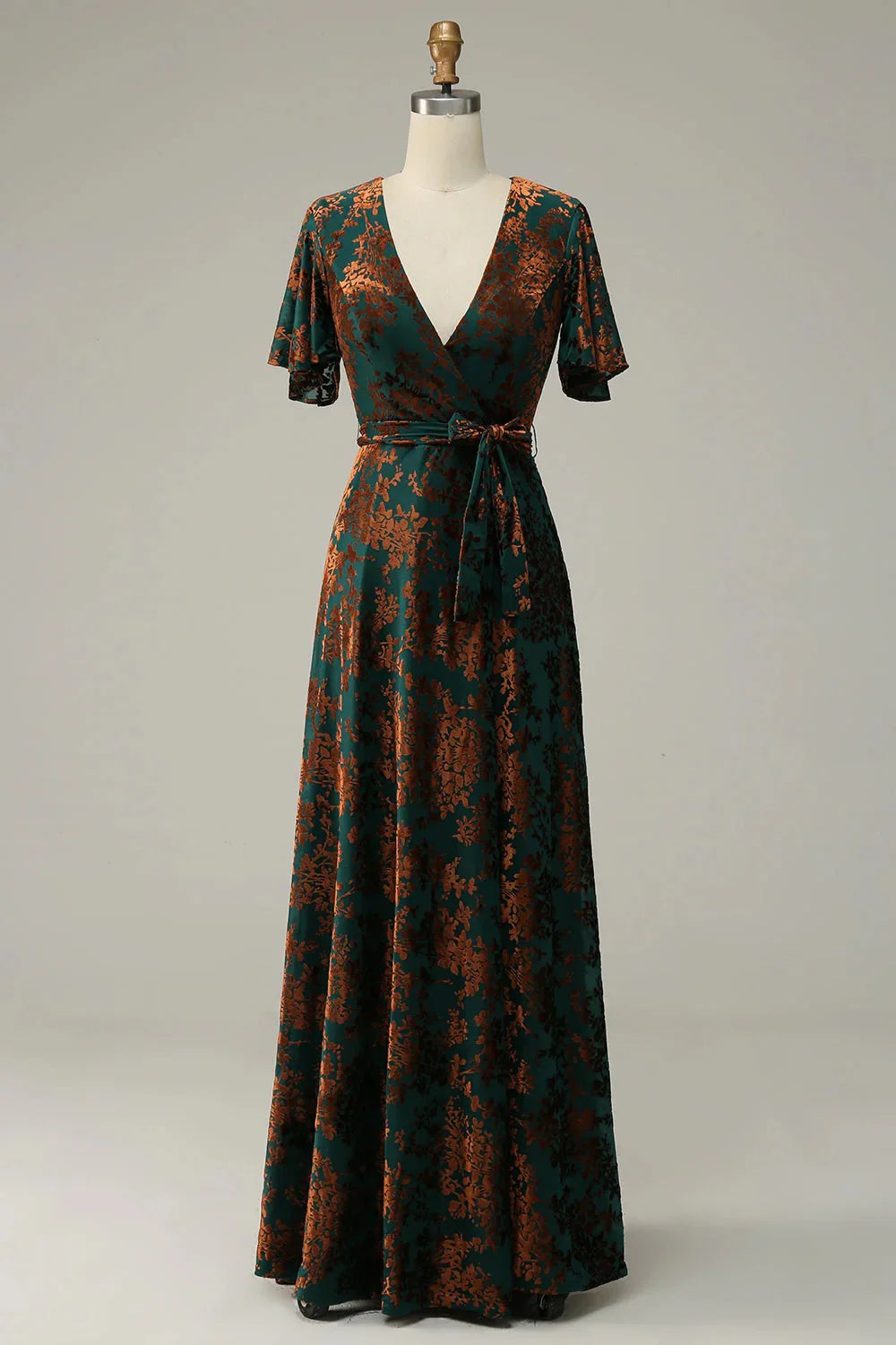 Burgundy Burnout Velvet A Line V Neck Maxi Dress with Short Sleeves