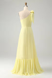 Yellow A Line One Shoulder Pleated Long Maxi Dress with Slit