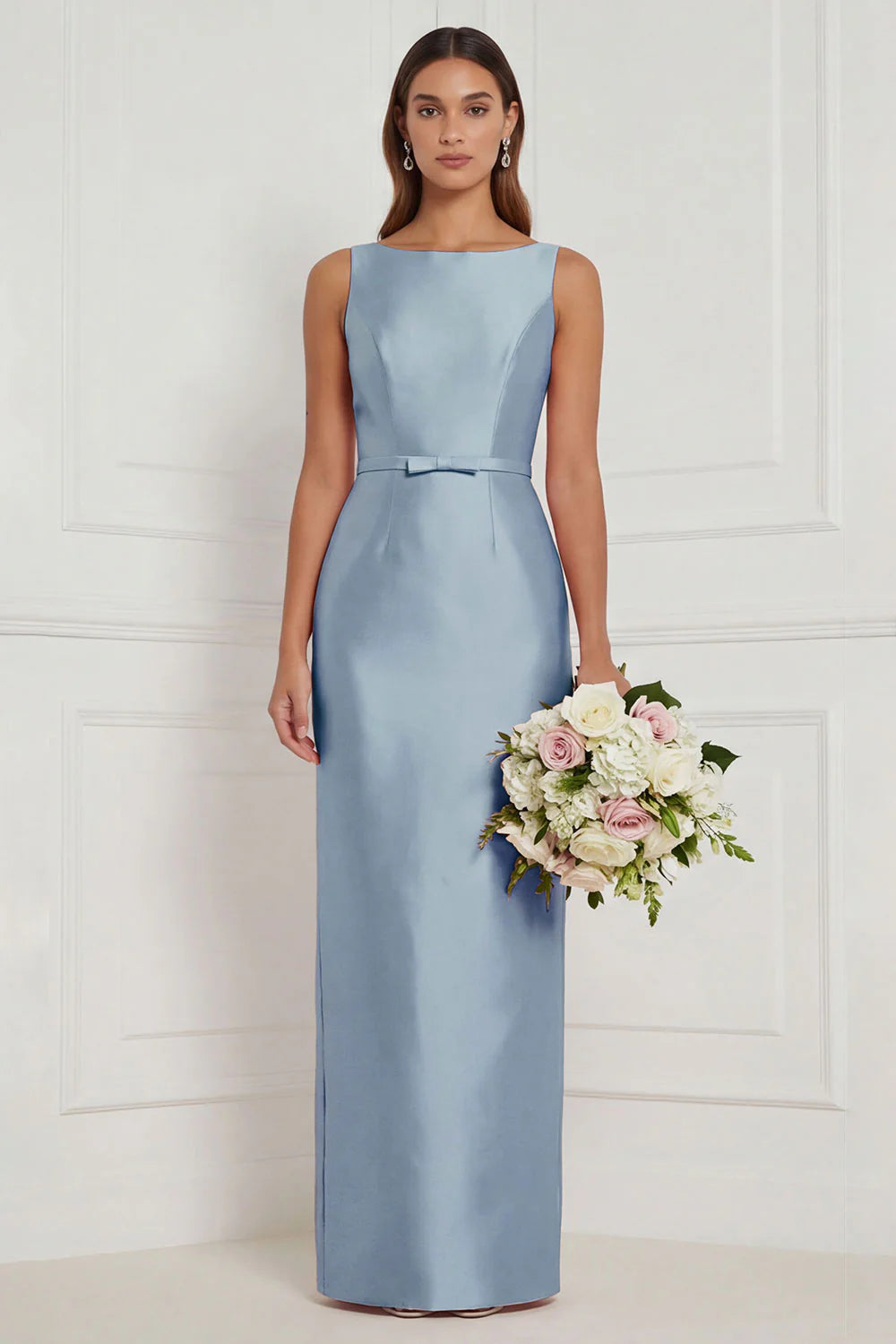 Sage Green Sheath Bateau Neck Satin Bridesmaid Dress