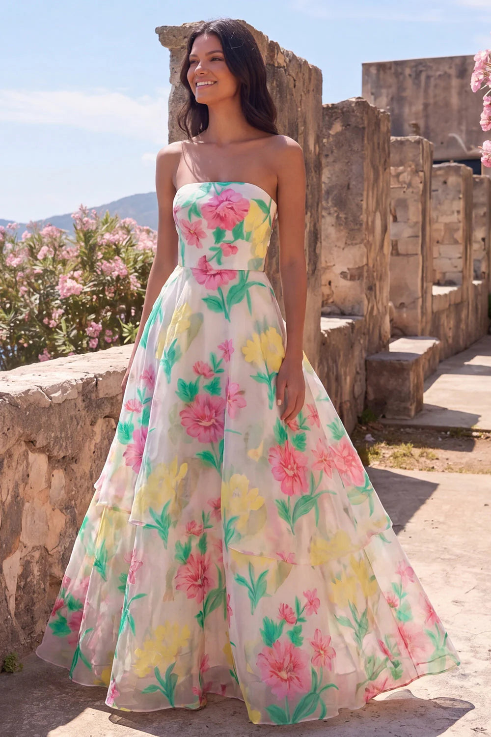 Strapless A Line Daffodil Pink Flower Maxi Dress