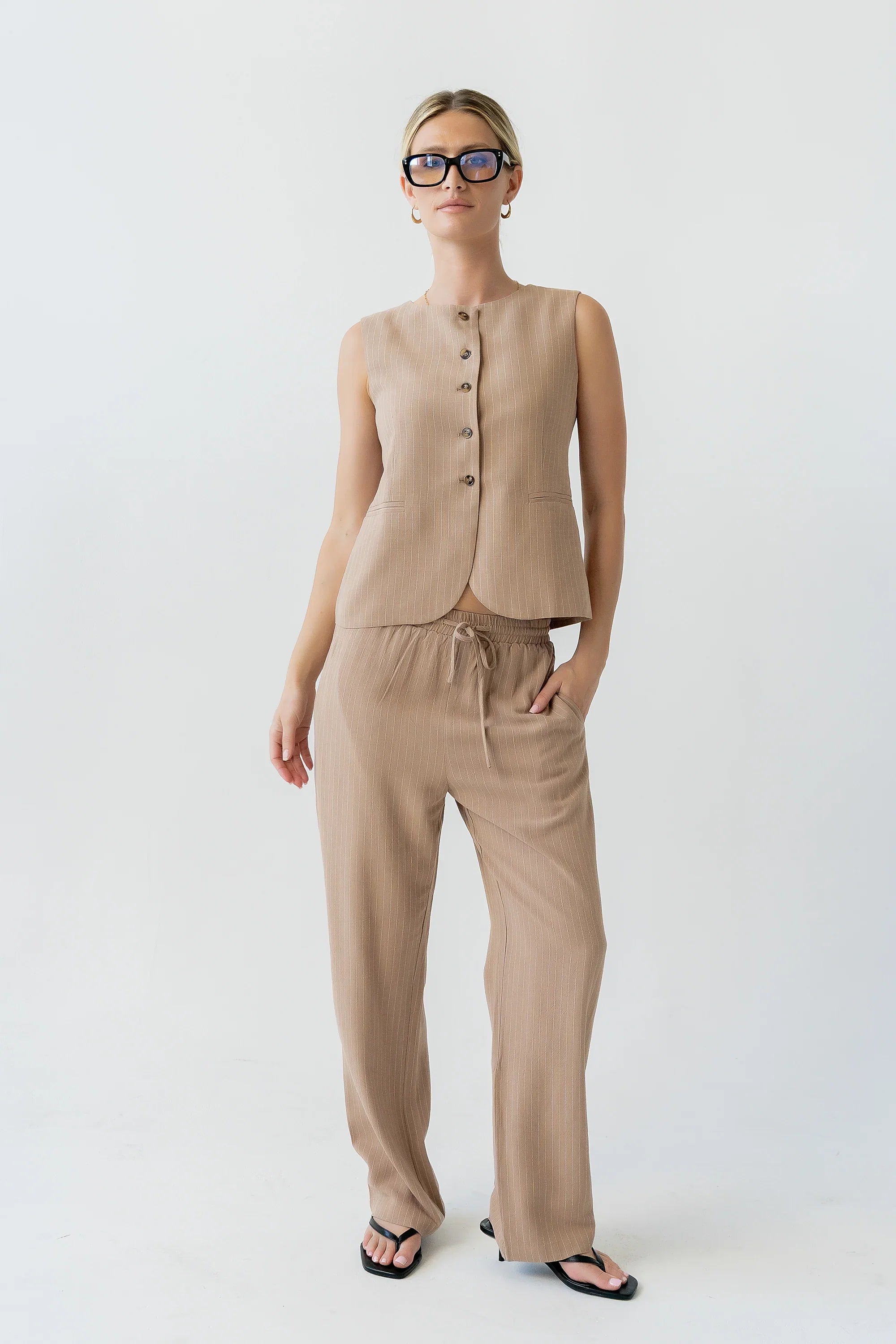Vivienne Pinstripe Sleeveless Vest in Tan