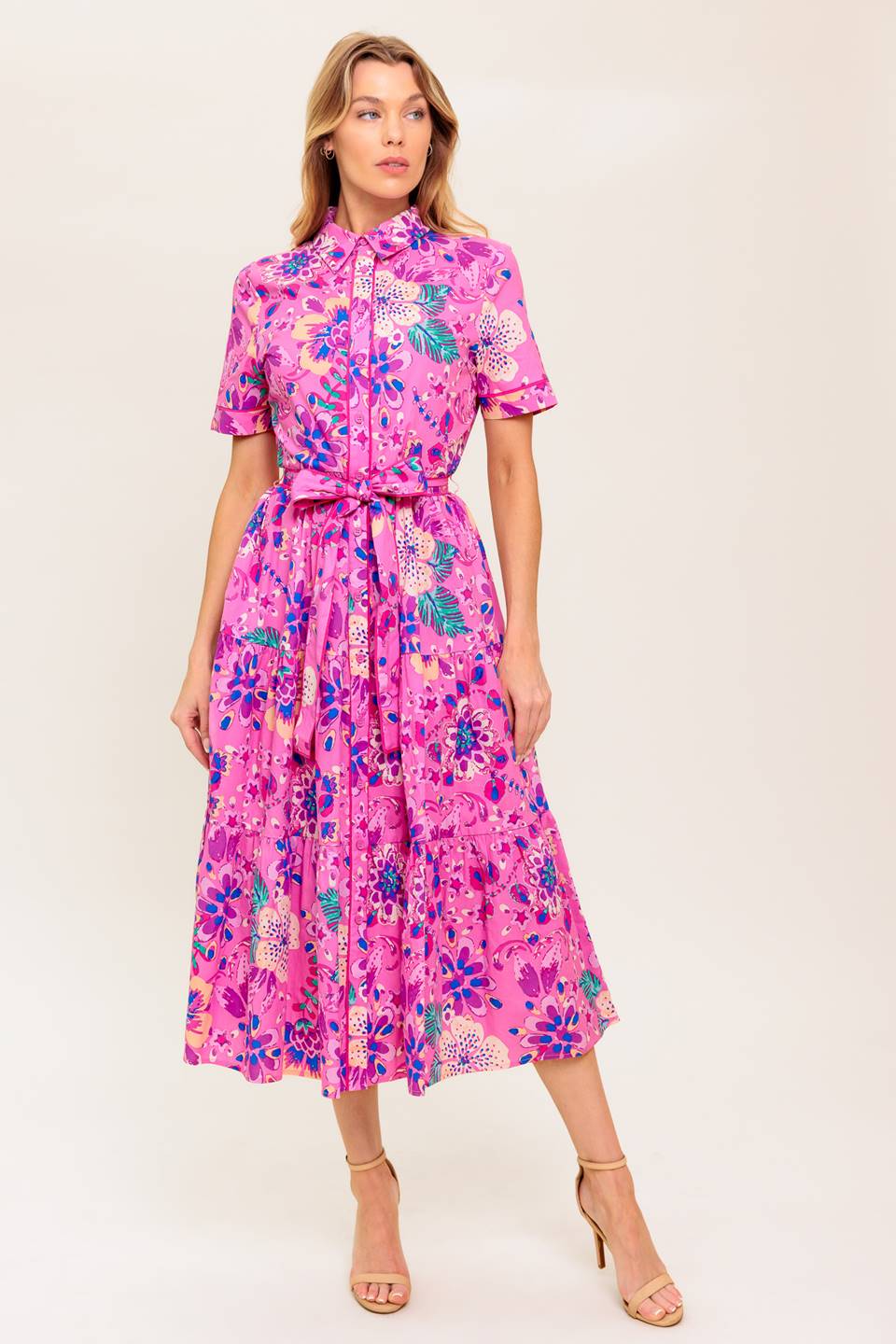 PETAL PRESS PINK PURPLE FLORAL MIDI DRESS