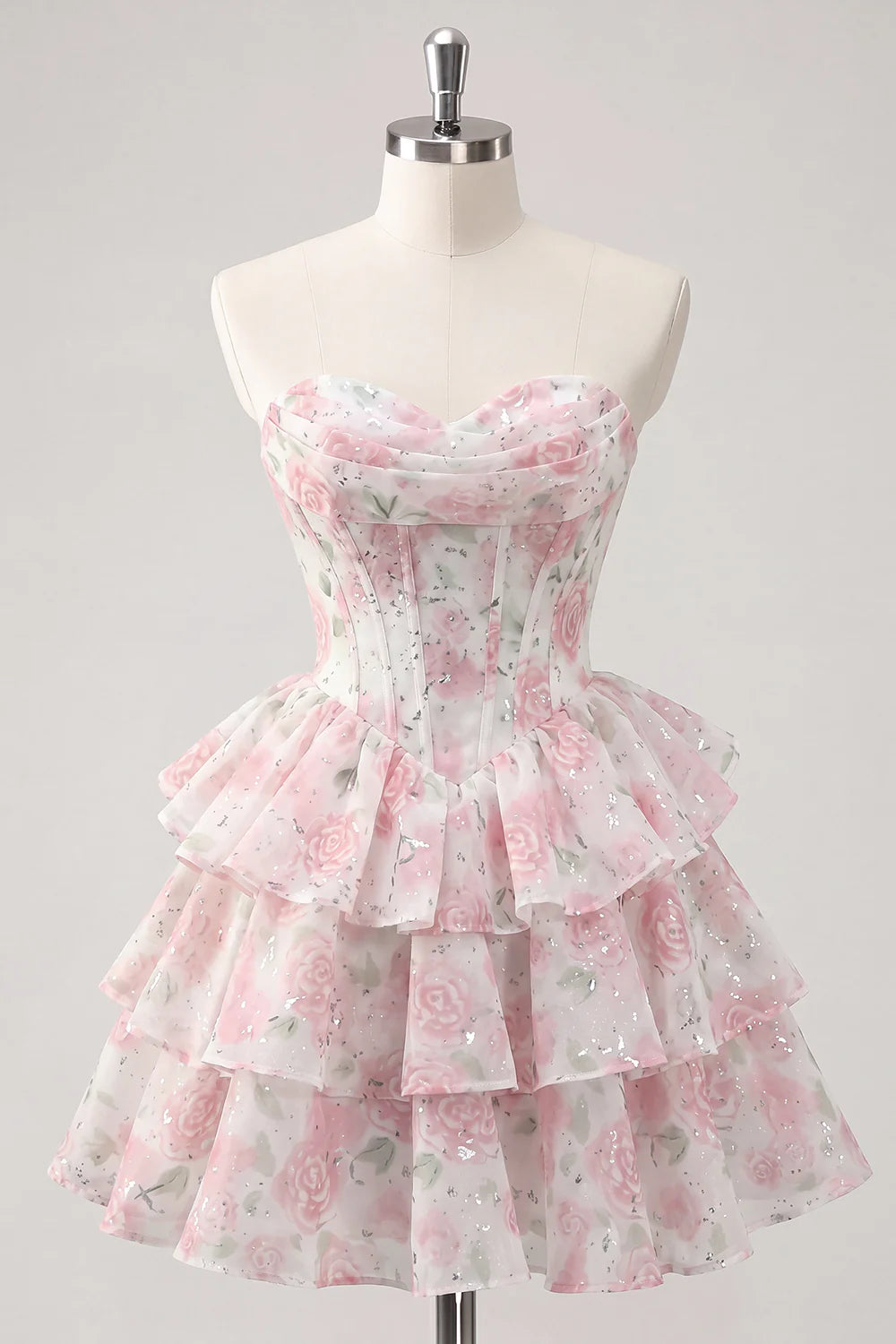 Strapless Floral A Line Sequin Corset Pink Homecoming Dress