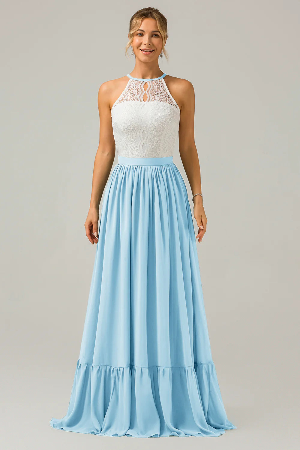 A Line Halter Pleated Keyhole Chiffon Bridesmaid Dress With Lace