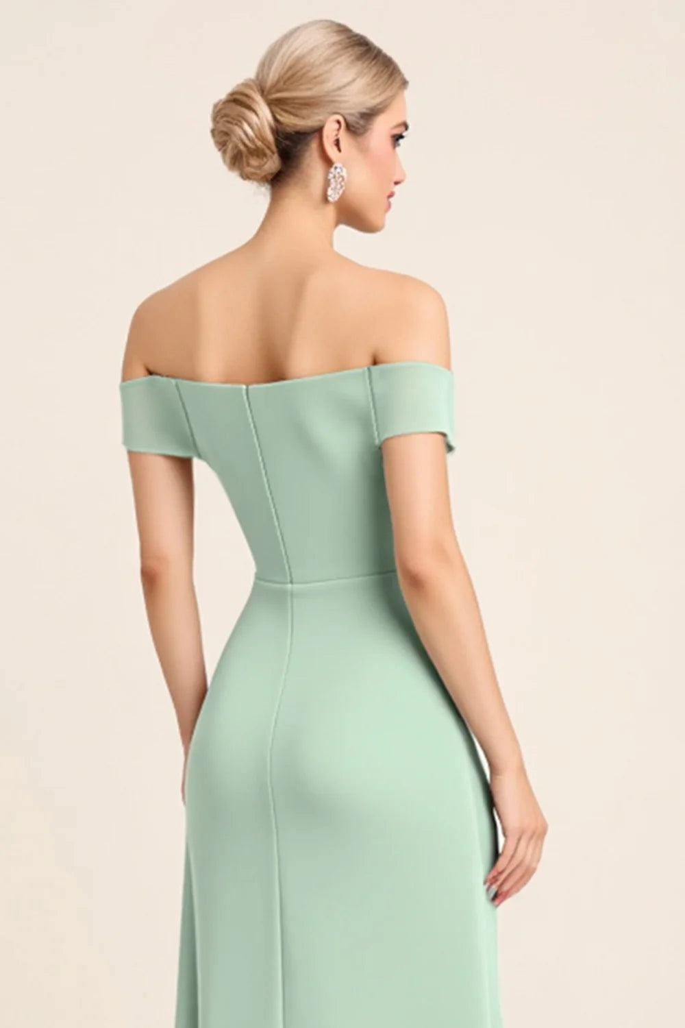 Mint Sheath Off The Shoulder Long Bridesmaid Dress with Slit