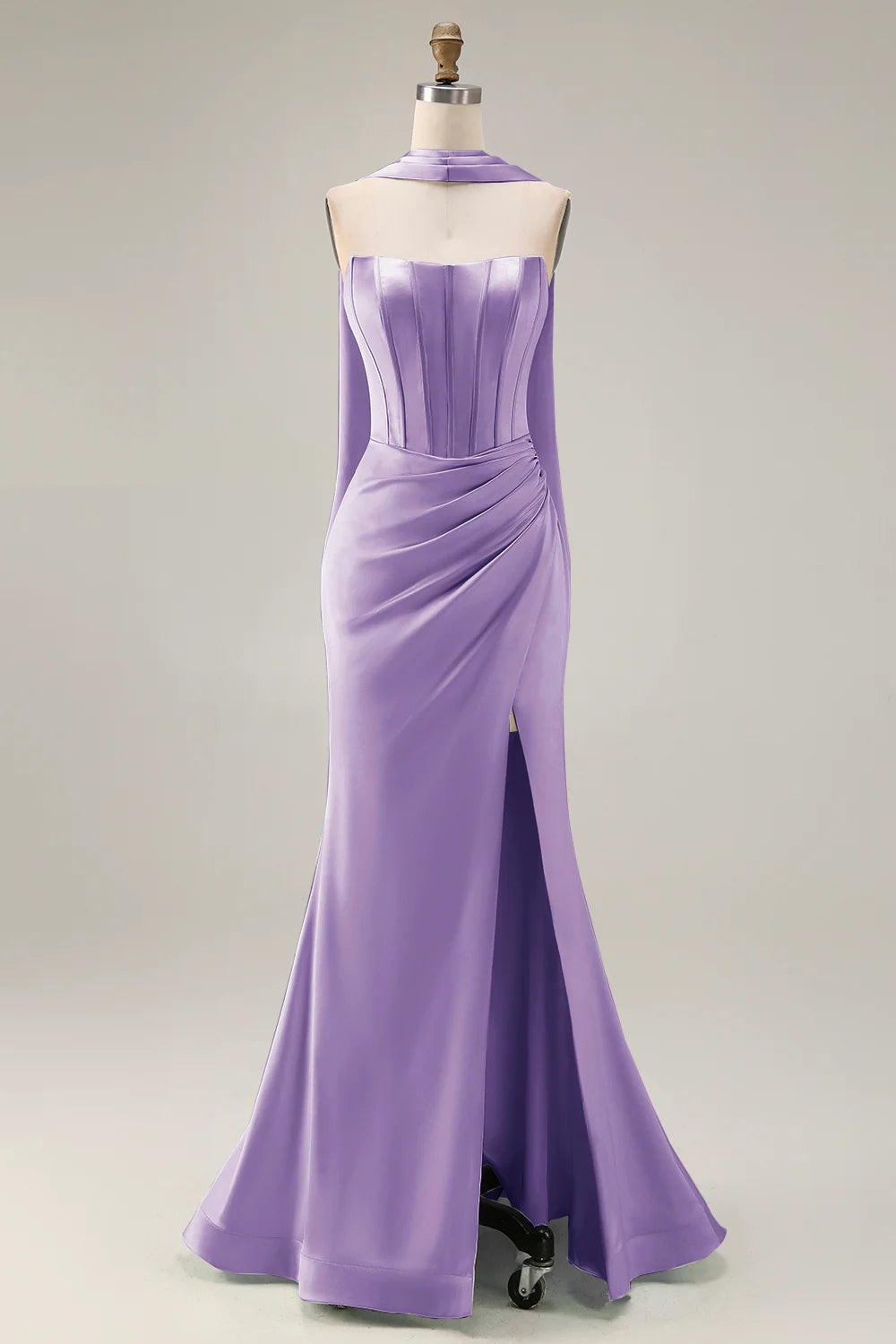 Light Green Strapless Mermaid Corset Ruched Long Prom Dress with Streamer