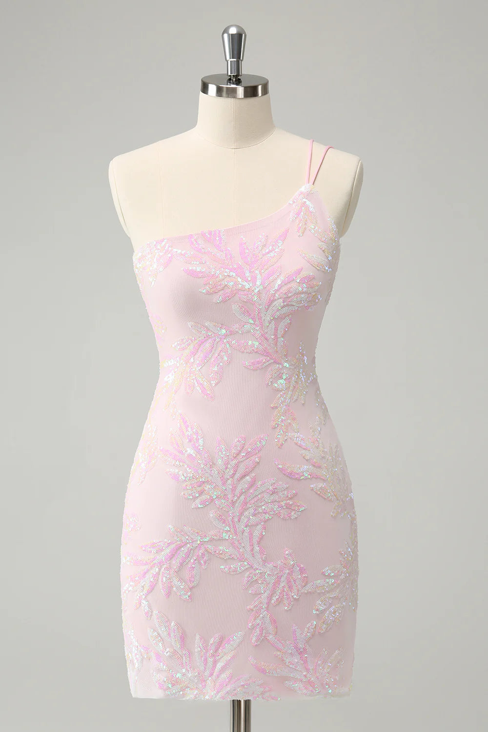 Sparkly Pink Bodycon One Shoulder Short Homecoming Dress with Sequins
