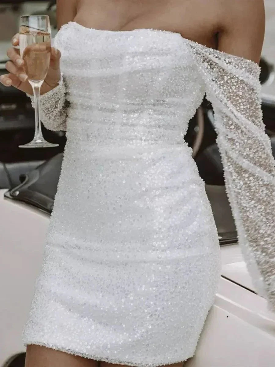 Chic Short Sequined Backless Wedding Dress With Long Detachable Sleeves