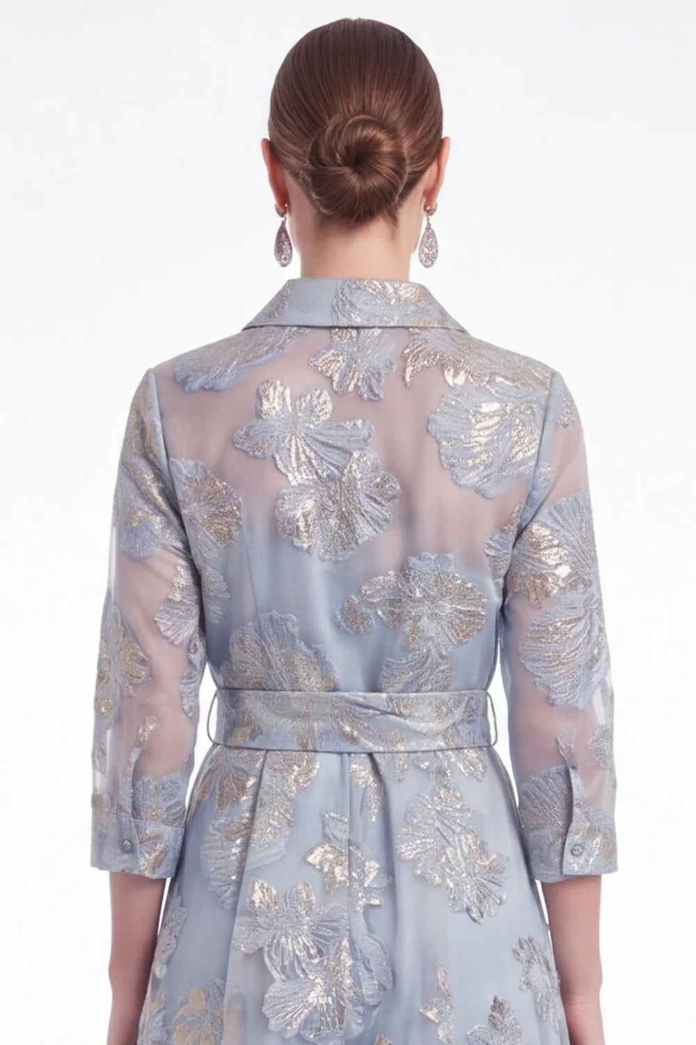 Gold Floral Jacquard A Line Collar Mother of the Bride Dress with 3 4 Sleeves