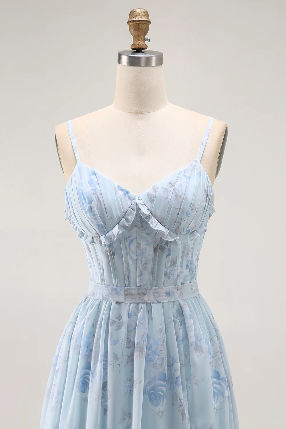 Blue Flower A Line Corset Ruffled Chiffon Long Bridesmaid Dress with Slit