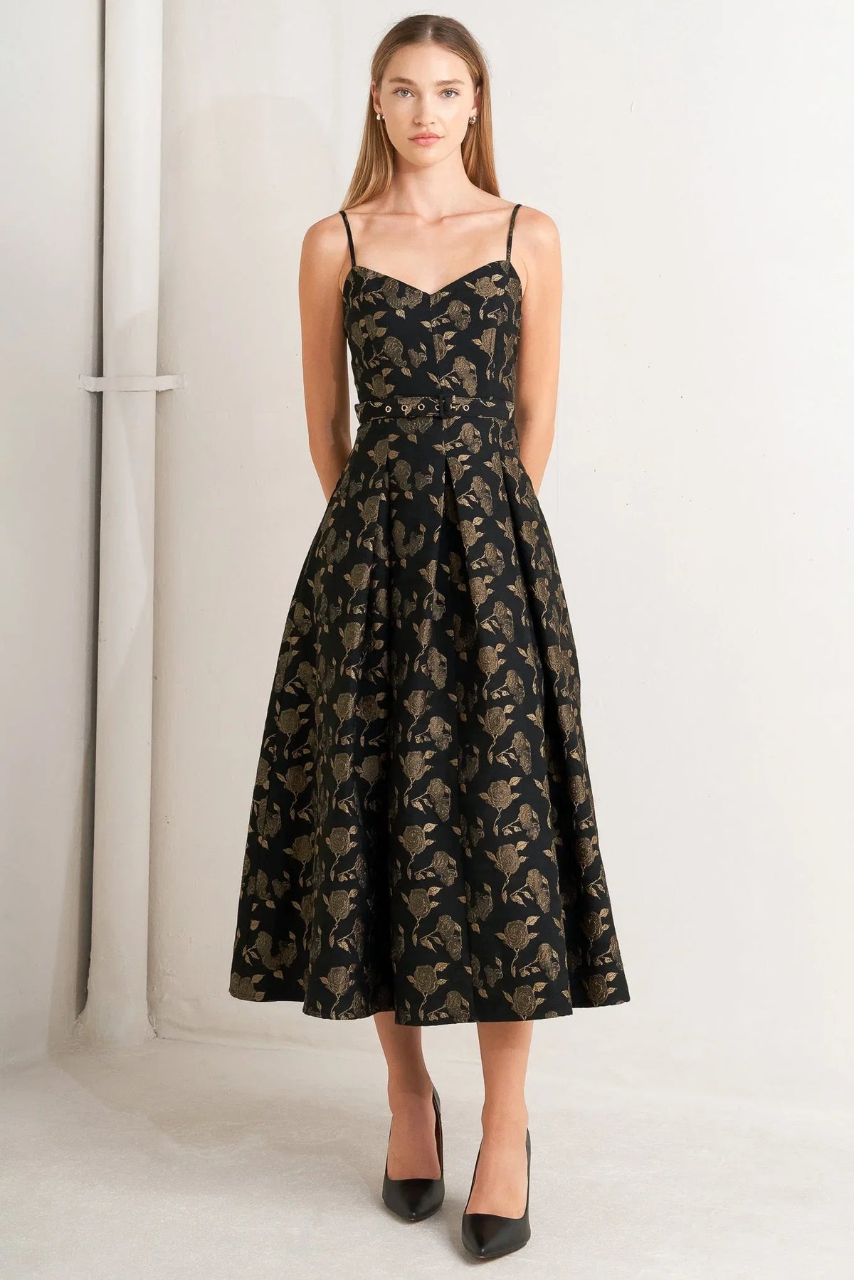 GARDEN OPERA BLACK BROWN MIDI DRESS