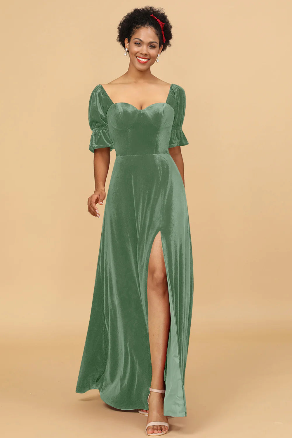A Line Sweetheart Flare Sleeves Velvet Bridesmaid Dress with Slit