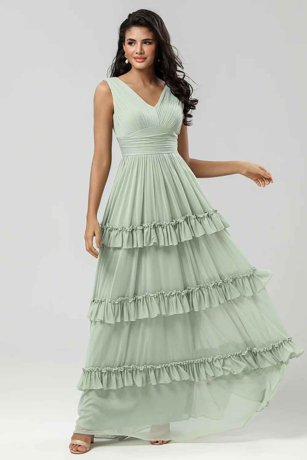 Dusty Sage A Line V Neck Long Knitted Chiffon Bridesmaid Dress With Ruffles