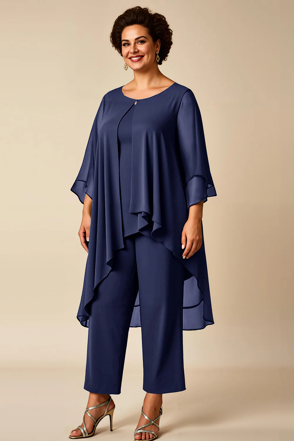 Dusty Rose 2 Piece Round Neck Chiffon Mother of the Bride Pant Suits