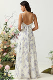 White Purple Flower A Line Spaghetti Straps Chiffon Long Bridesmaid Dress