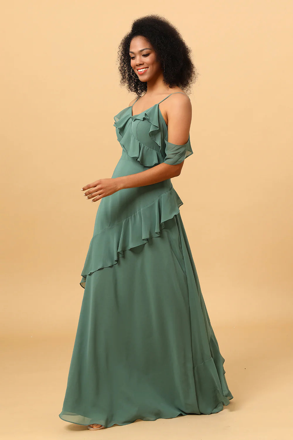 Eucalyptus Spaghetti Straps Long Chiffon Bridesmaid Dress with Ruffles