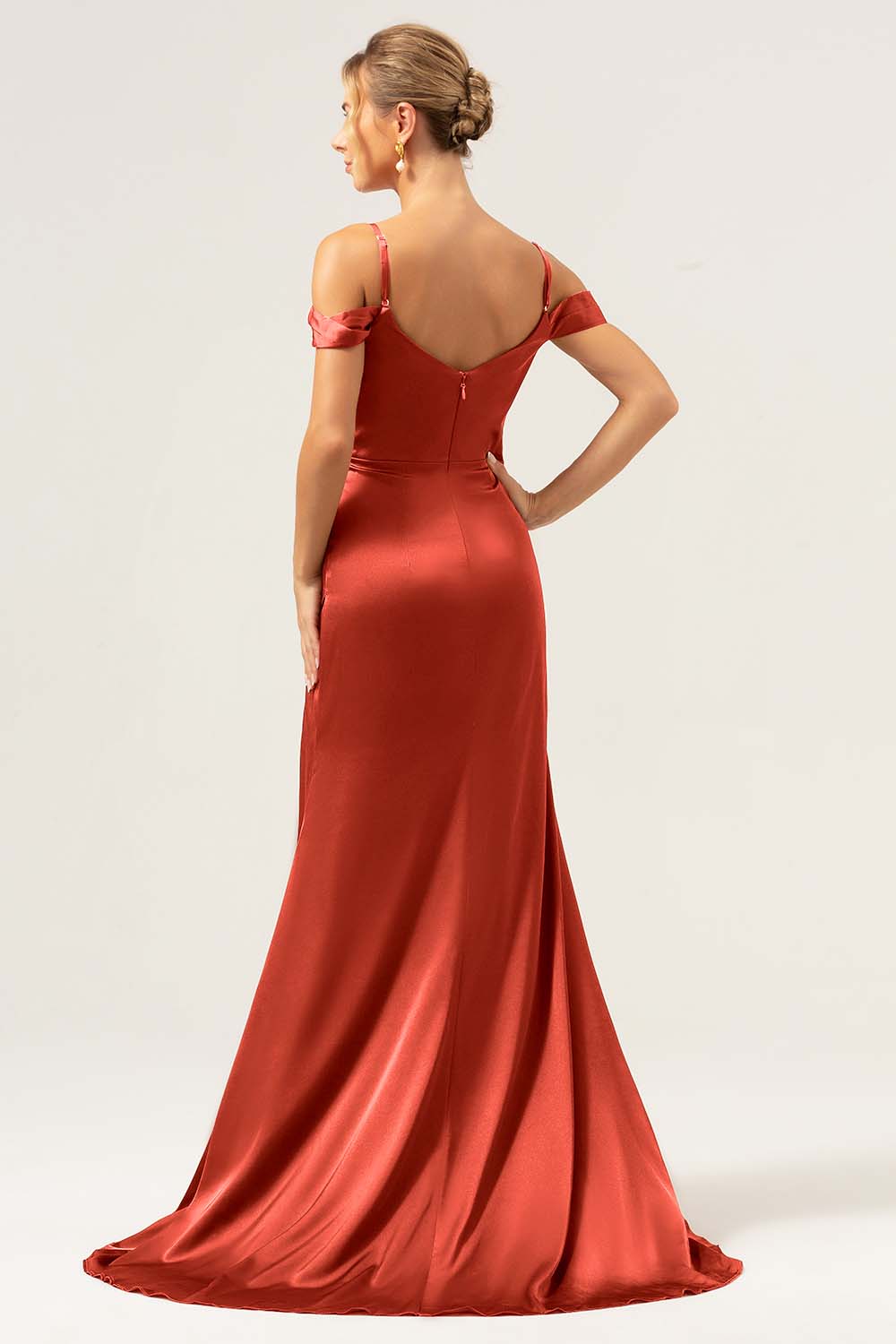 Dark Navy Mermaid Cold Shoulder Ruched Corset Long Satin Bridesmaid Dress with Slit