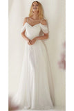 A Line Spaghetti Straps Off the Shoulder Sweep Train Wedding Dress