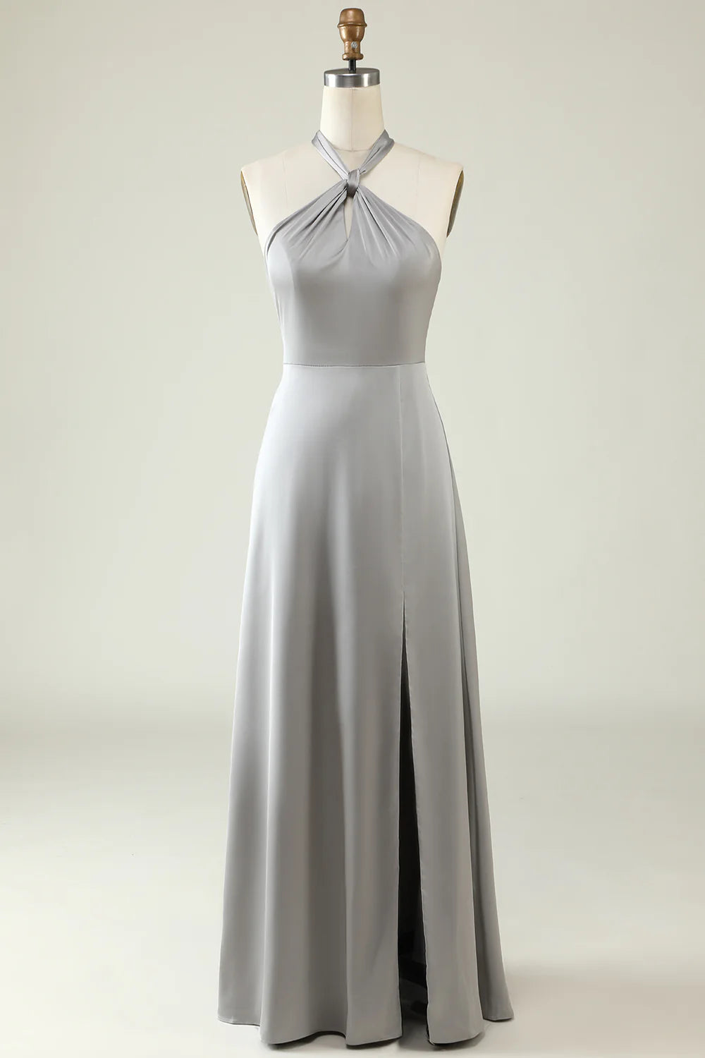 Grey A Line Halter Backless Bright Satin Bridesmaid Dress with Slit