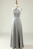 Grey A Line Halter Backless Bright Satin Bridesmaid Dress with Slit