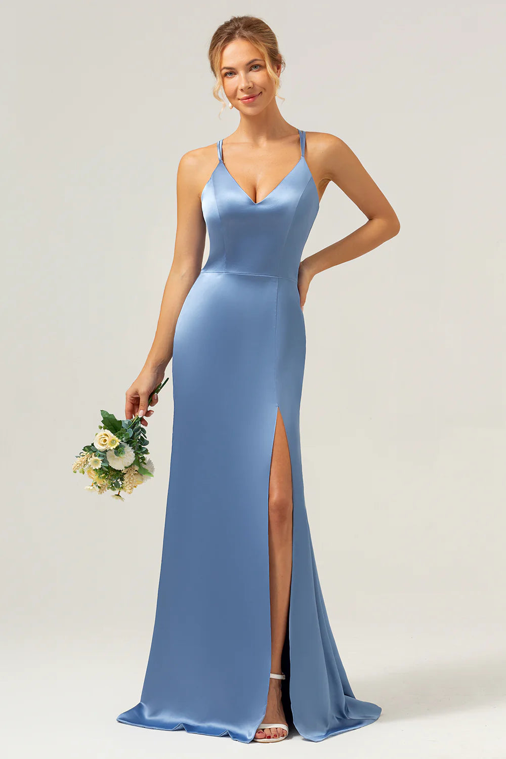 Mermaid Spaghetti Straps Long Satin Blue Bridesmaid Dress with Slit