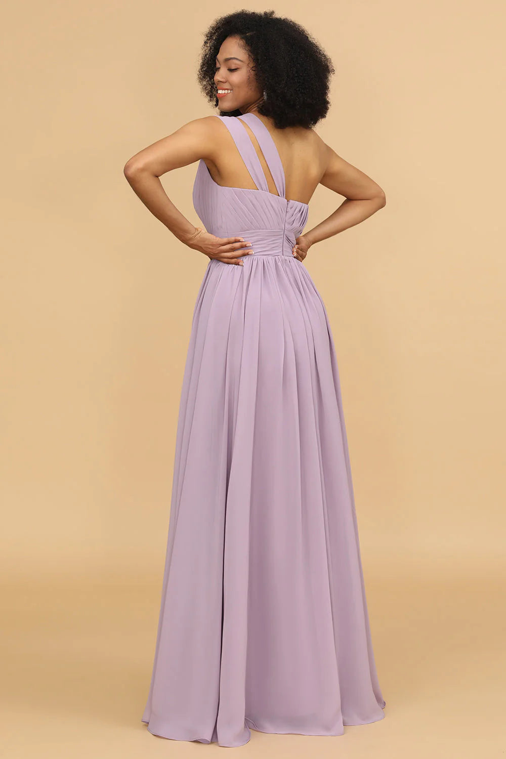 A Line One Shoulder Long Chiffon Bridesmaids Dress with Ruffles
