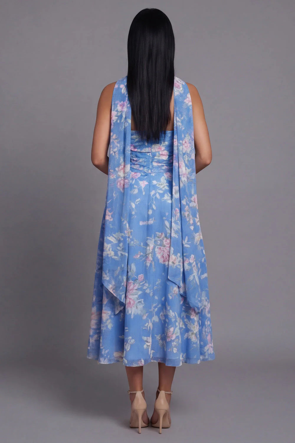 Strapless Blue Floral Ruched A Line Midi Wedding Guest Dress with Sash