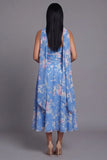 Strapless Blue Floral Ruched A Line Midi Wedding Guest Dress with Sash
