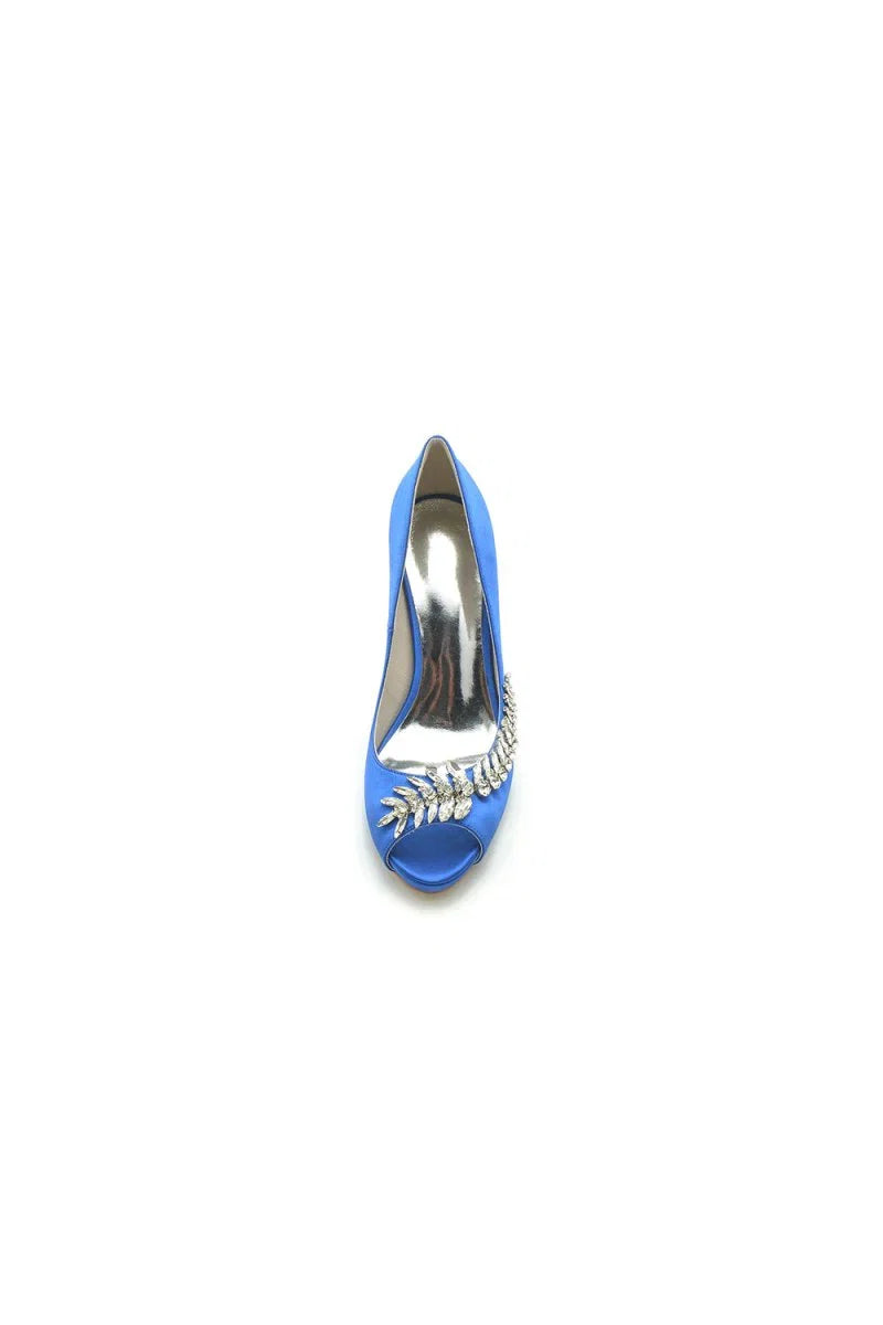 Satin Peep Toe Slip on Rhinestone High Heels